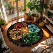 Round Elemental Dragon Rug With Fire Water Earth Air Symbols, Fantasy Magic Circle Carpet For Gamers Wizards Book Lovers And Mystic Decor