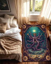Octopus Area Rug, Nautical Kraken Carpet for Living Room, Whimsical Underwater Ocean Decor, Vintage Victorian Border, Purple Teal Boho
