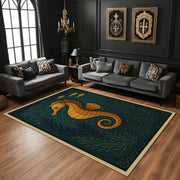 Seahorse Rug With Deep Sea Theme, Golden Nautical Carpet, Dark Teal Marine Decor, Whimsical Ocean Animal Living Room Rug