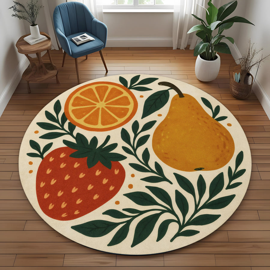 Fruit Pattern Round Rug: Whimsical Strawberry, Orange and Pear Carpet for Kitchen, Dining Room or Cozy Breakfast Nook