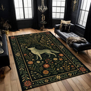 Bohemian Forest Style Wolf Rug, Rustic Dark Botanical Animal Carpet, Mystical Nature Decor Rug, Living Room Statement Piece, Mystical Rug
