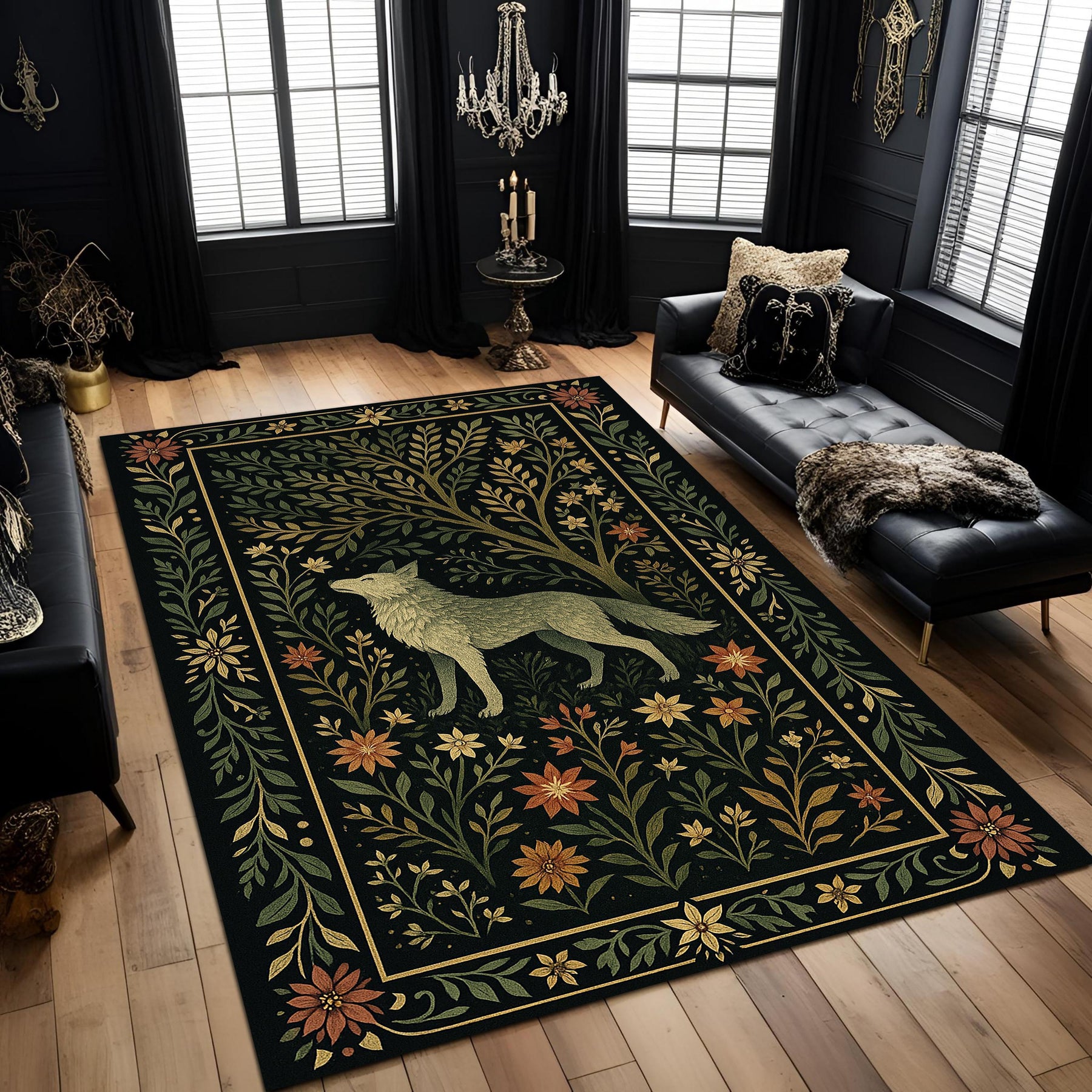 Bohemian Forest Style Wolf Rug, Rustic Dark Botanical Animal Carpet, Mystical Nature Decor Rug, Living Room Statement Piece, Mystical Rug