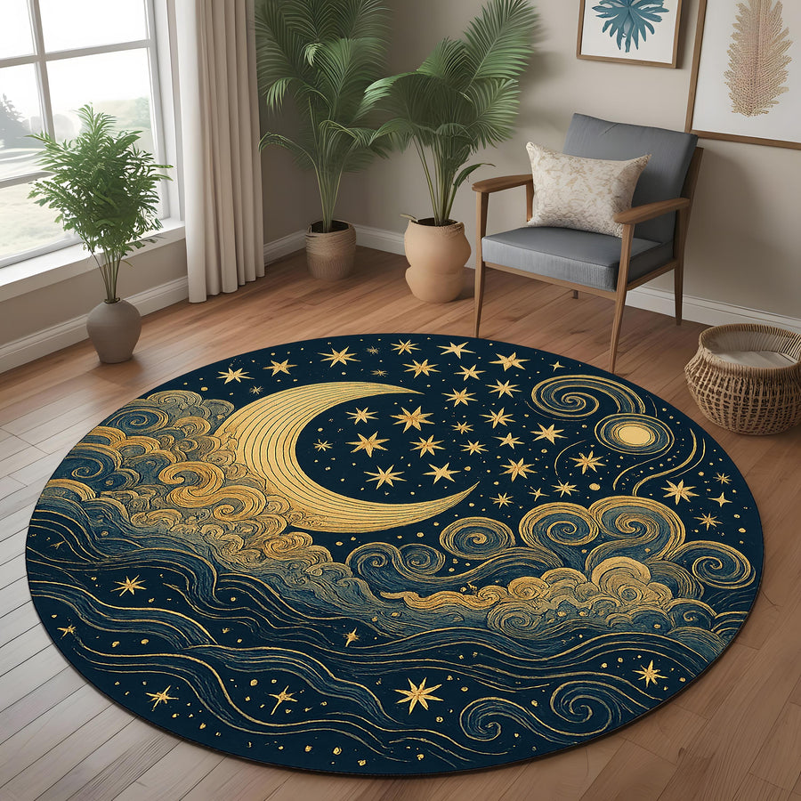 Mystical Celestial Round Rug: Golden Moon and Stars Design for Spiritual Spaces and Bedrooms