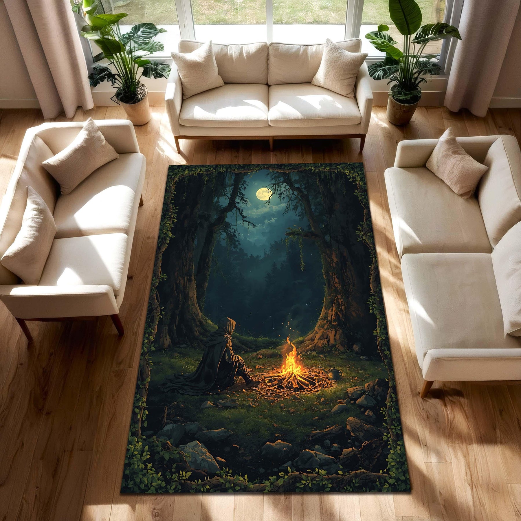 Fantasy Forest Campfire Area Rug, Moonlit Woodland Art Carpet for Living Room Bedroom & Gamer Space, Cozy Cottagecore DnD Decor Gift
