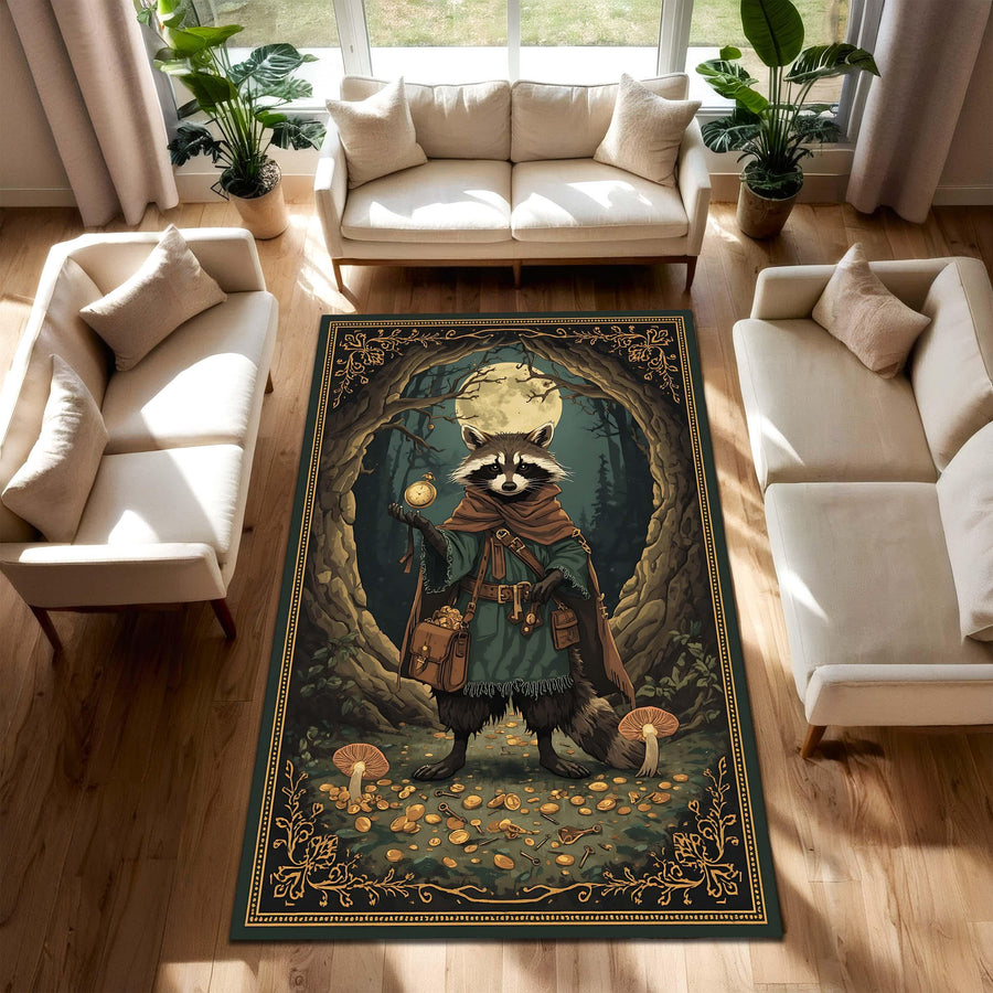 Whimsical Raccoon Wizard Area Rug, Fantasy Woodland Forest Carpet, Cottagecore Mystical Moonlit Floor Mat for Living Room Bedroom Game Room