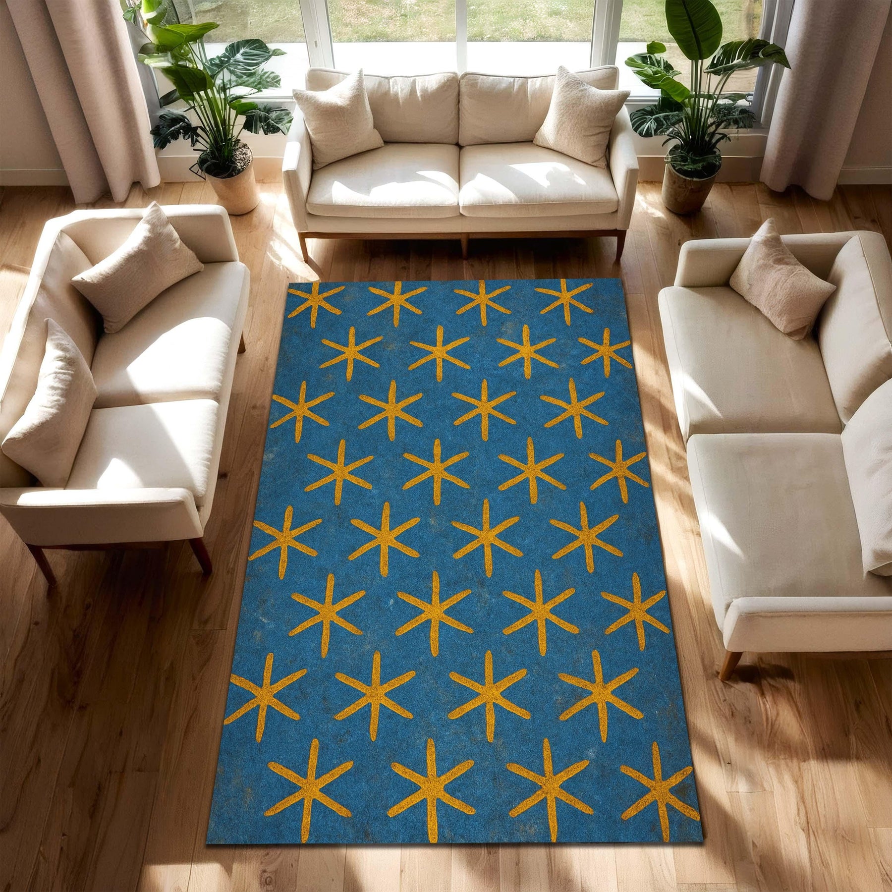 Ancient Egyptian Star Pattern Rug in Blue and Gold Inspired by Dendera Temple Ceiling, Historical Mythology Decor for Living Room
