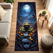 Witch Cauldron Runner Rug, Magical Forest Path Carpet with Candles and Moonlit Castle, Halloween Witchcore Floor Decor for Spooky Homes