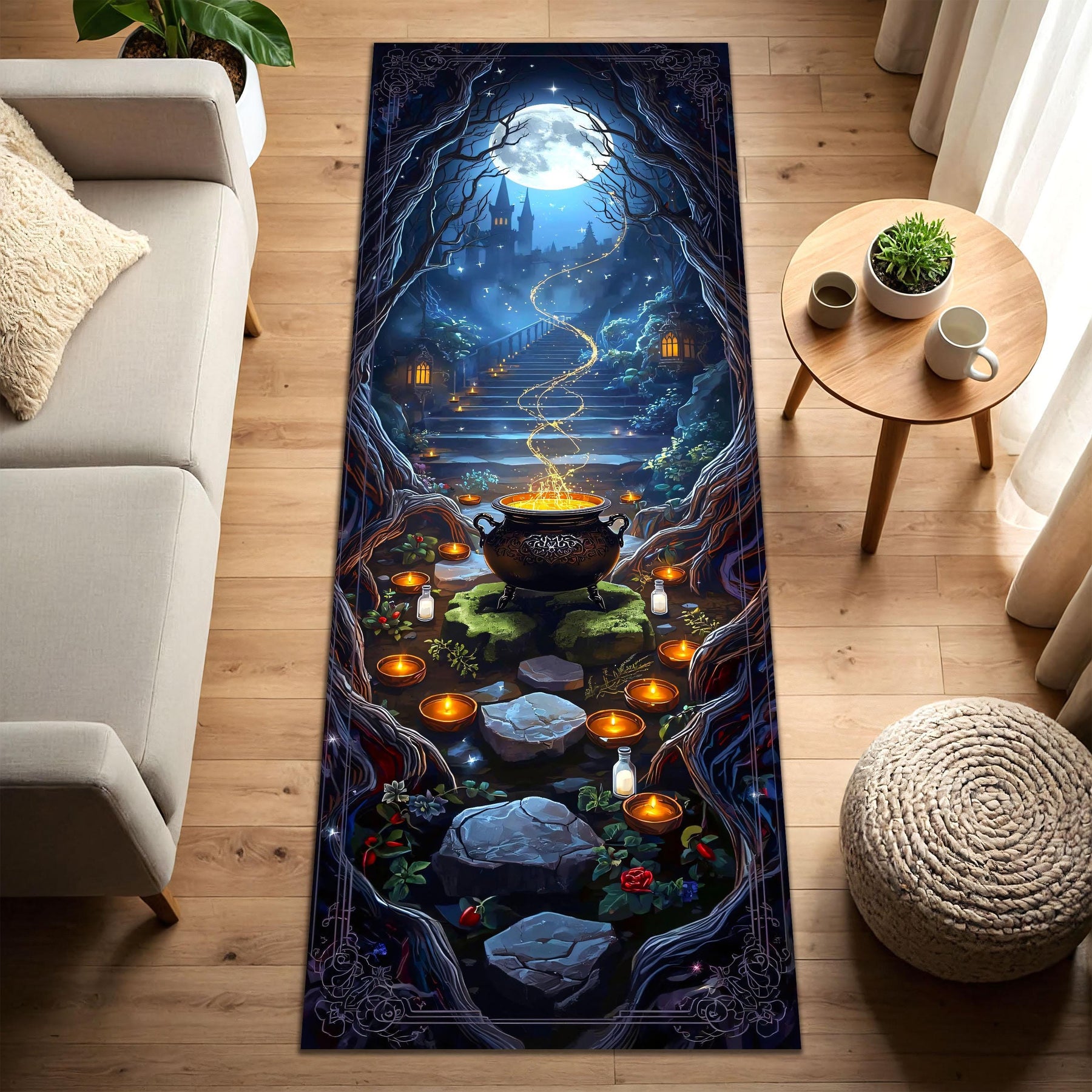 Witch Cauldron Runner Rug, Magical Forest Path Carpet with Candles and Moonlit Castle, Halloween Witchcore Floor Decor for Spooky Homes