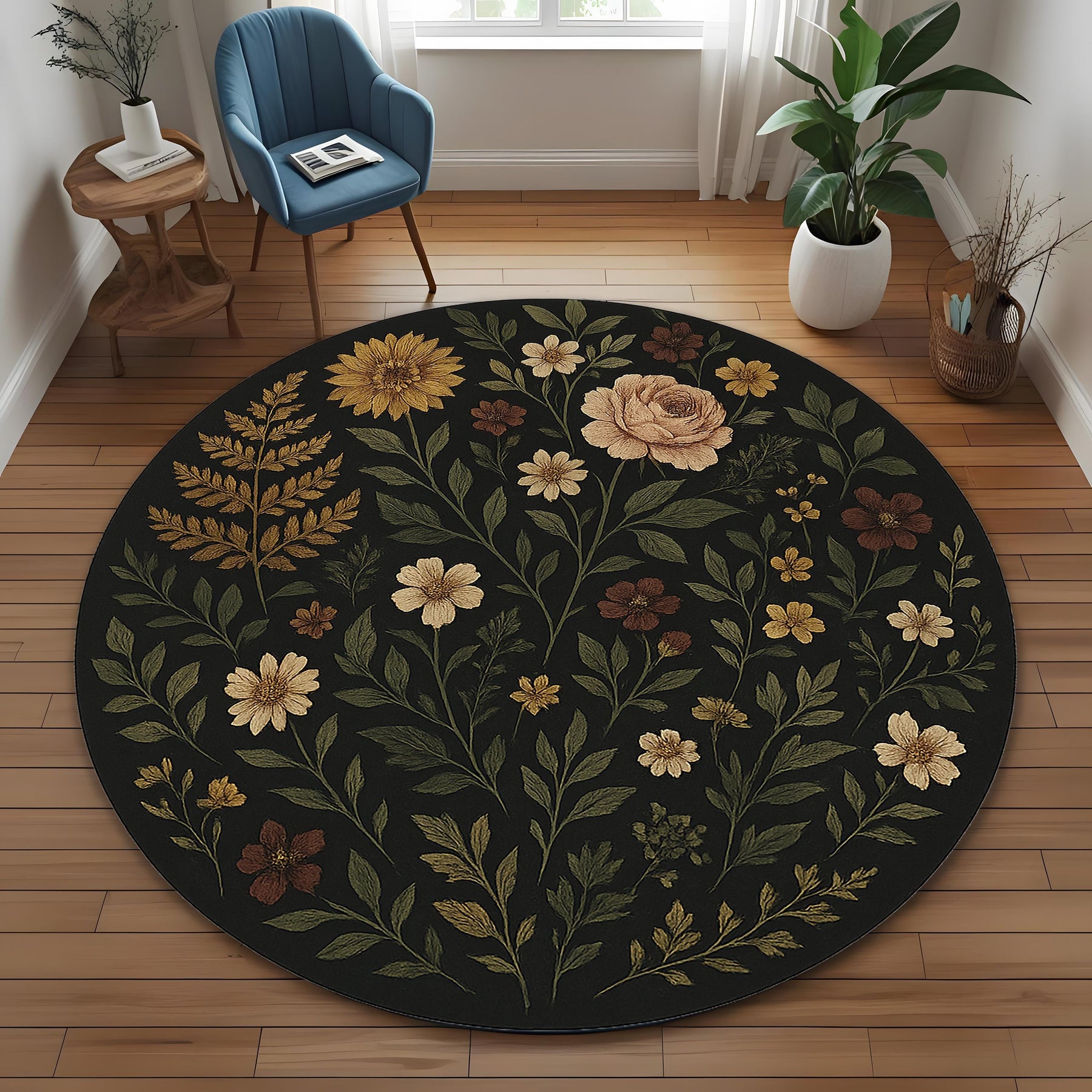 Botanical Round Rug: Dark Floral Rug With Vintage Style Wildflowers for Boho Living Room, Entryway or Nature Inspired Decor
