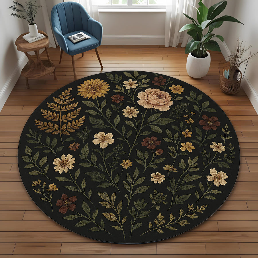 Botanical Round Rug: Dark Floral Rug With Vintage Style Wildflowers for Boho Living Room, Entryway or Nature Inspired Decor