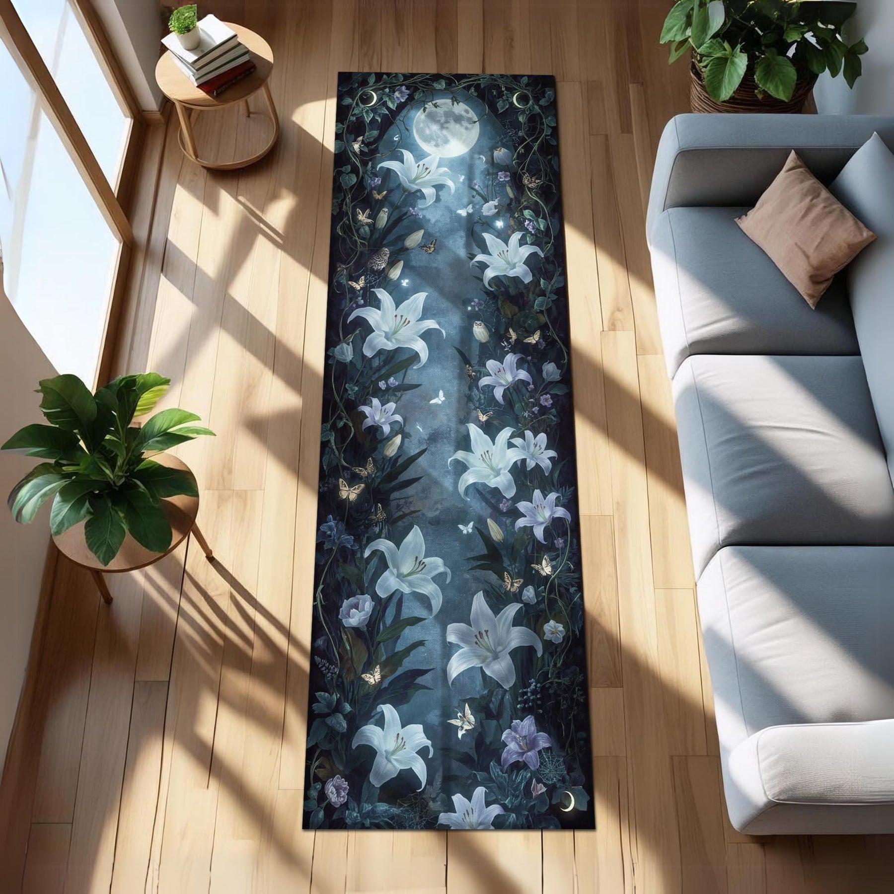 Fairycore Runner Rug with Glowing Lilies Under Moonlight | Mystical Night Garden Carpet | Dark Romantic Hallway Cottagecore Entryway Decor