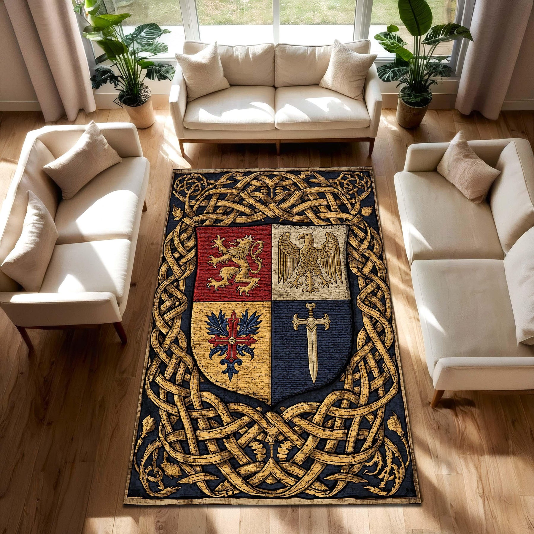 Medieval Heraldry Coat of Arms Rug with Lion Eagle Sword and Celtic Knot Border – Vintage Castlecore Medieval Tapestry Area Carpet Decor
