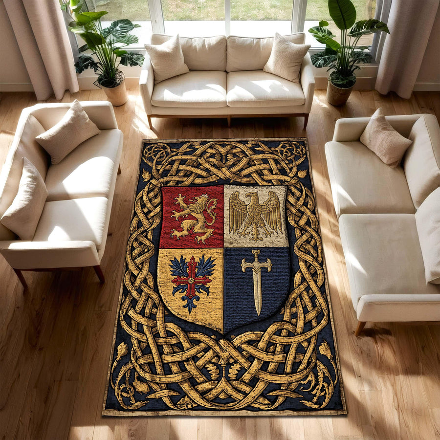 Medieval Heraldry Coat of Arms Rug with Lion Eagle Sword and Celtic Knot Border – Vintage Castlecore Medieval Tapestry Area Carpet Decor