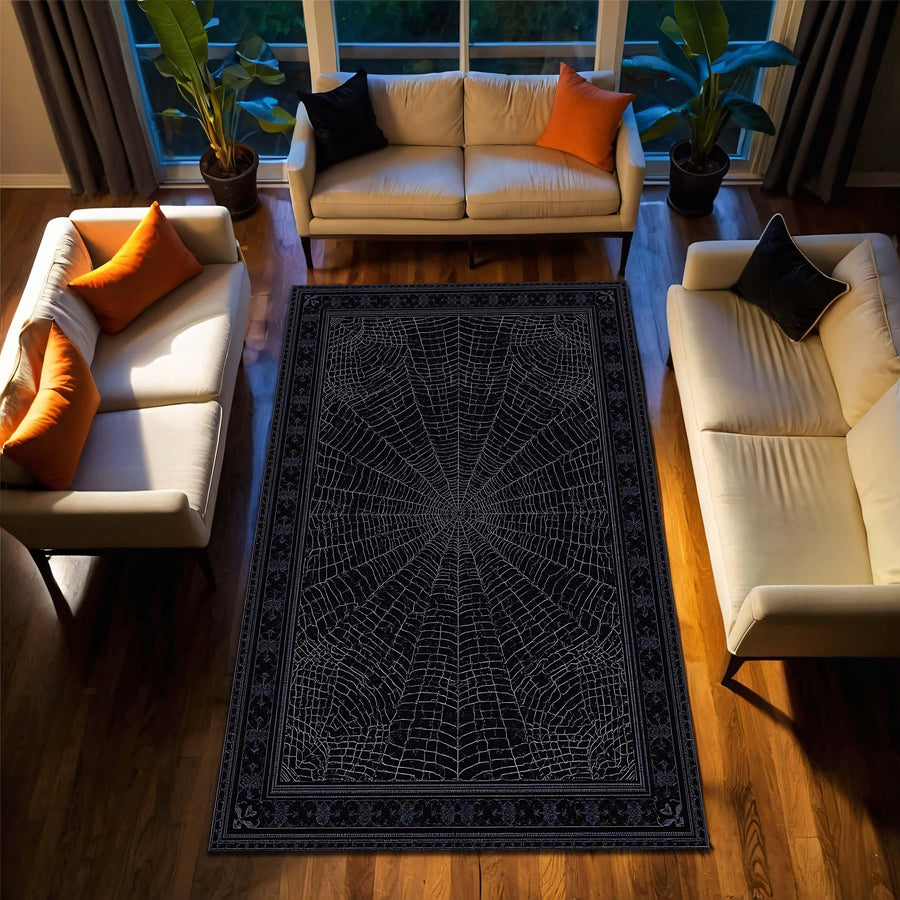 Gothic Black Spider Web Rug for Living Room, Halloween Style Dark Aesthetic Carpet, Creepy Web Design Area Rug for Spooky Home Decor