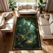 Enchanted Forest Elven City Area Rug, Green Gold Border Fantasy City Carpet, Lantern Path Gothic Art, Cozy Castlecore Living Room Decor