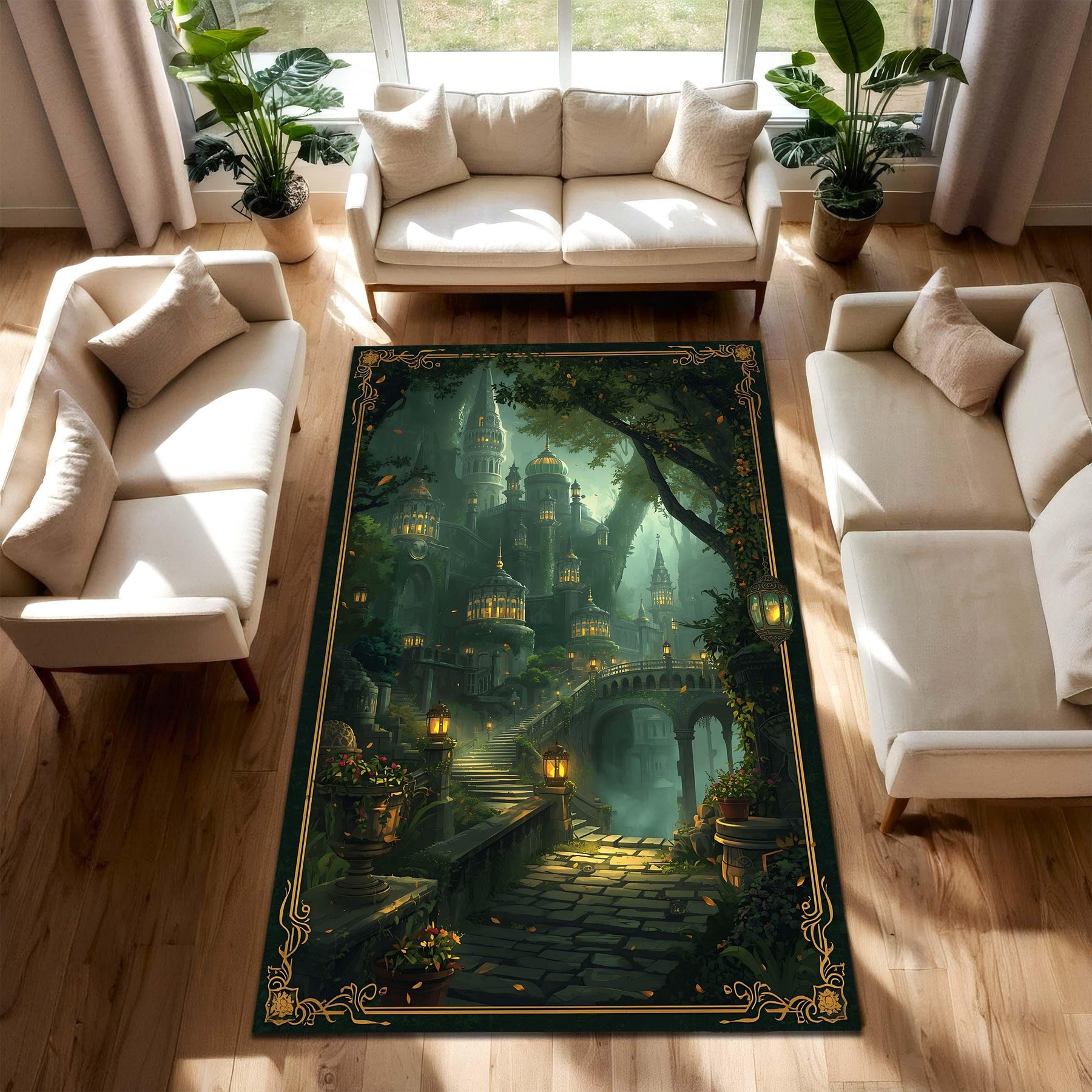 Enchanted Forest Elven City Area Rug, Green Gold Border Fantasy City Carpet, Lantern Path Gothic Art, Cozy Castlecore Living Room Decor