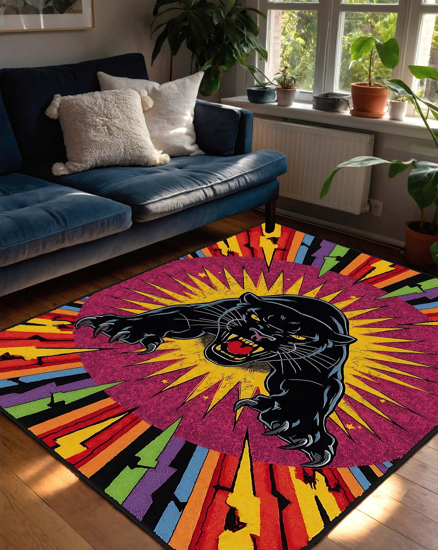 Retro Tattoo Panther Rug, Vibrant Pop Art Carpet, Flash Style Lightning Bolt Rug, Bold Colorful Panther Decor, Vintage Ink Vibe Rug