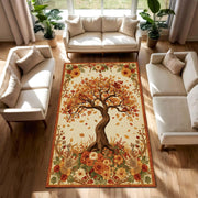 Autumn Tree Area Rug with Fall Leaves and Floral Border, Terracotta Seasonal Carpet for Living Room, Cozy Boho Rustic Floor Decor