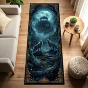 Moonlit Wolf Forest Runner Rug, Mystical Gothic Hallway Carpet with Fantasy Temple Night Art, Moon Area Rug for Entryway and Living Room