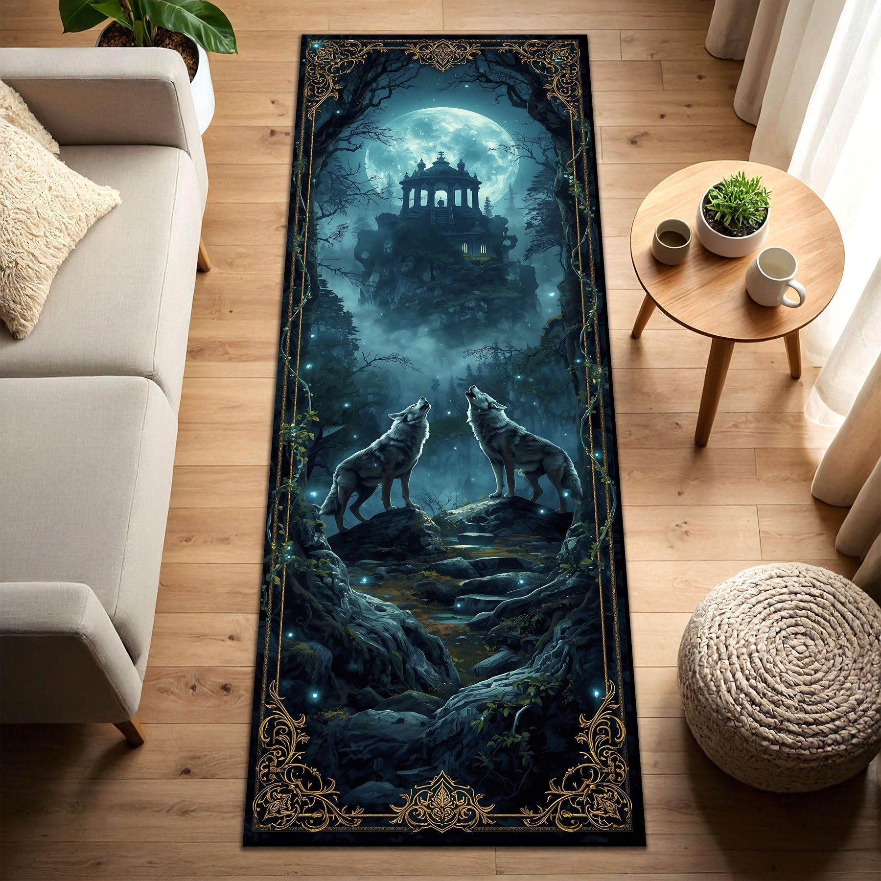 Moonlit Wolf Forest Runner Rug, Mystical Gothic Hallway Carpet with Fantasy Temple Night Art, Moon Area Rug for Entryway and Living Room
