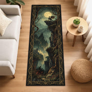 Twilight Dragon Runner Rug, Fantasy Tapestry Rug, Moonlit Castle Decor, Gothic Hallway Rug, Mythical Creature Rug, Dark Forest Washable Rug