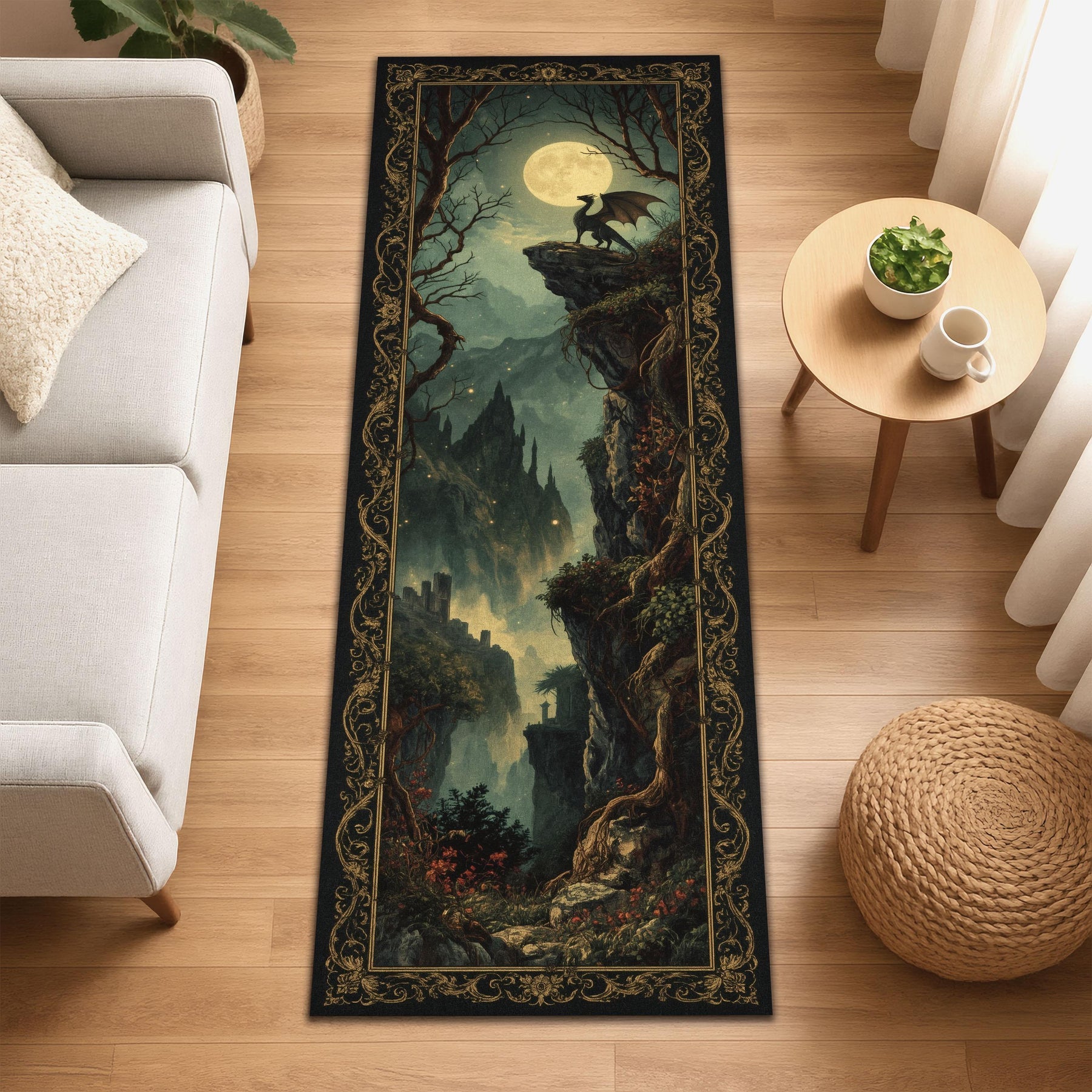 Twilight Dragon Runner Rug, Fantasy Tapestry Rug, Moonlit Castle Decor, Gothic Hallway Rug, Mythical Creature Rug, Dark Forest Washable Rug
