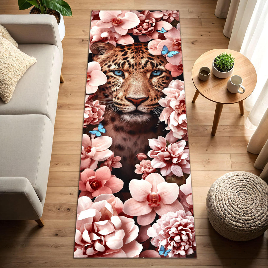 Leopard Floral Runner Rug, Elegant Jungle Cat Hallway Carpet with Pink Flowers and Butterflies, Bold Animal Print Decor for Glam Interiors
