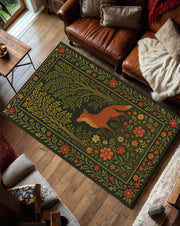 Fox Forest Rug, Autumn Woodland Animal Carpet, Cozy Rustic Cabin Decor, Botanical Orange Fox Area Rug for Nature Inspired Fall Living Room