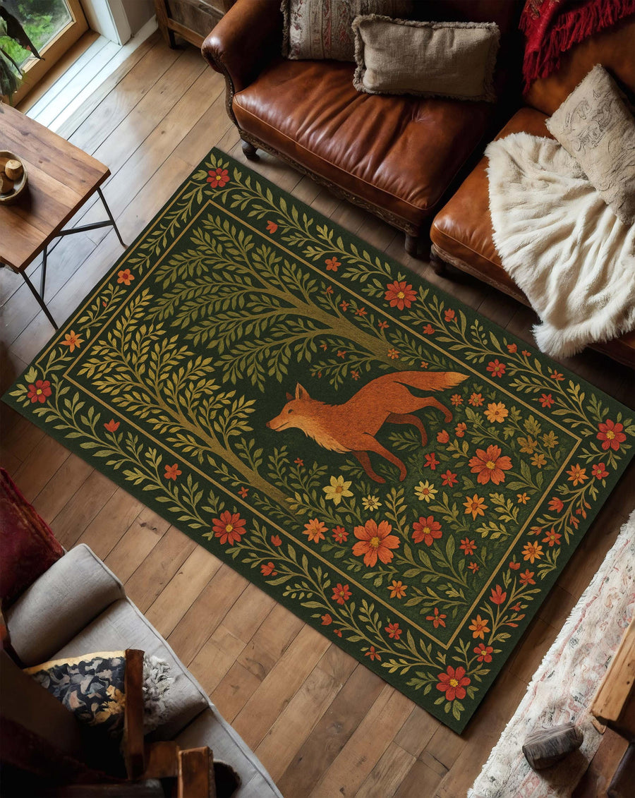Fox Forest Rug, Autumn Woodland Animal Carpet, Cozy Rustic Cabin Decor, Botanical Orange Fox Area Rug for Nature Inspired Fall Living Room