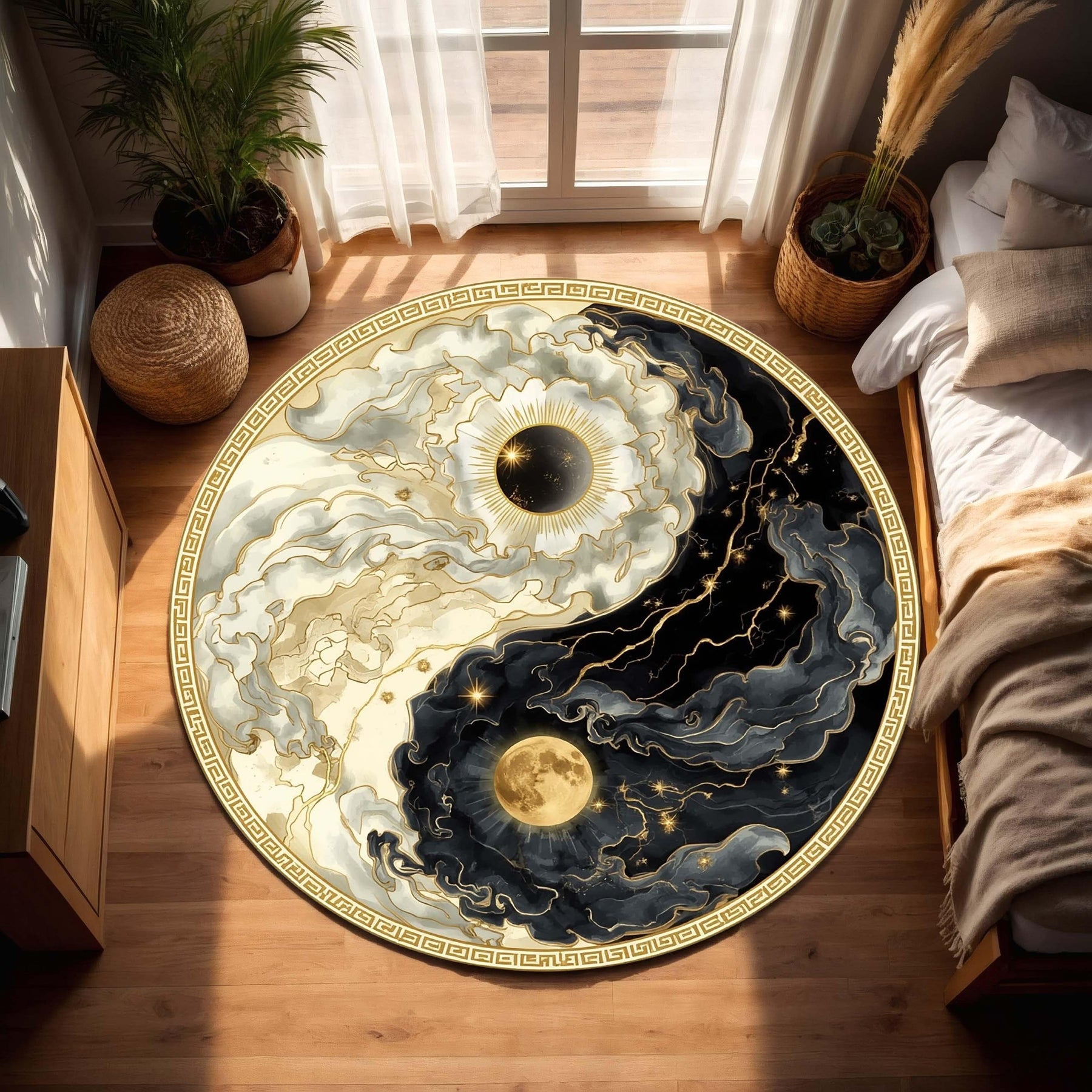 Celestial Yin Yang Round Rug, Black And Gold Sun Moon Carpet, Cosmic Balance Mandala Rug, Spiritual Modern Boho Floor Art