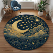 Mystical Celestial Round Rug: Golden Moon and Stars Design for Spiritual Spaces and Bedrooms