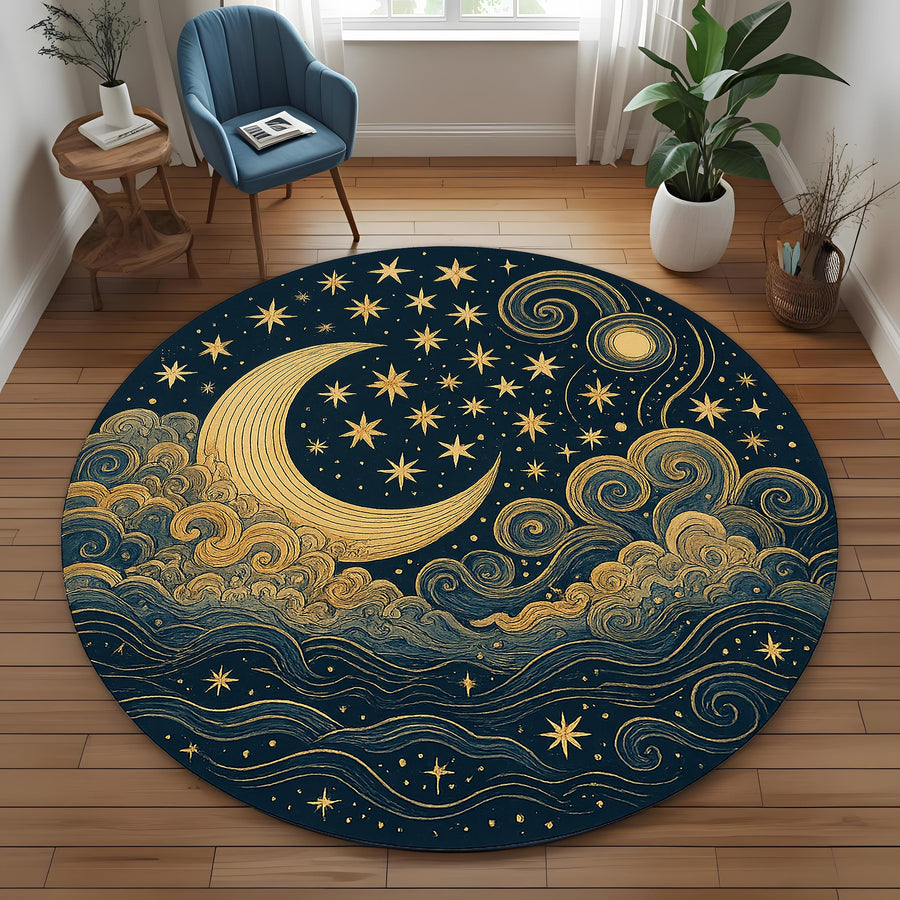 Mystical Celestial Round Rug: Golden Moon and Stars Design for Spiritual Spaces and Bedrooms