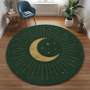Mid Century Celestial Round Rug: Green Crescent Moon and Star Design for Astrology Decor, Witchy Room or Modern Mystic Spaces