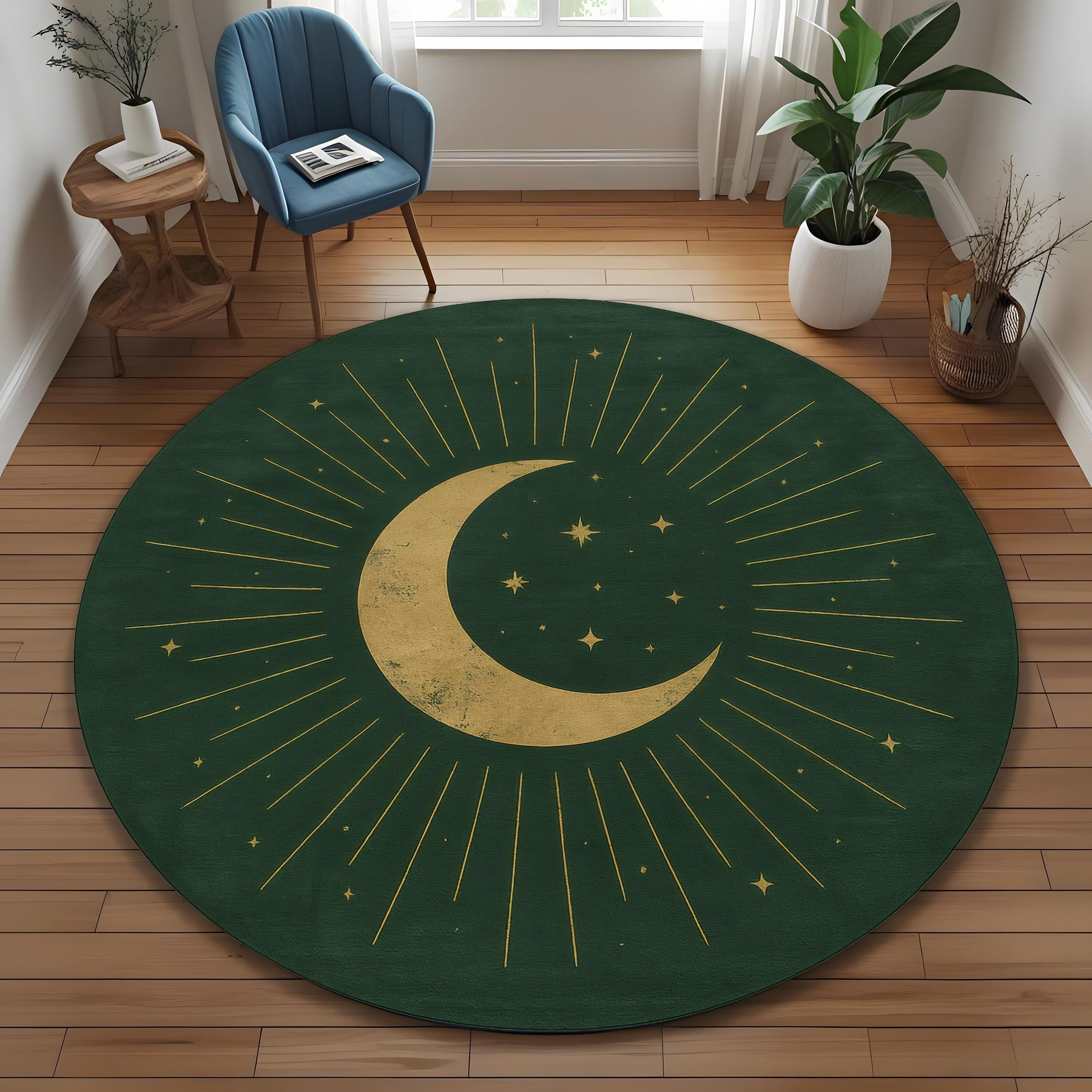 Mid Century Celestial Round Rug: Green Crescent Moon and Star Design for Astrology Decor, Witchy Room or Modern Mystic Spaces