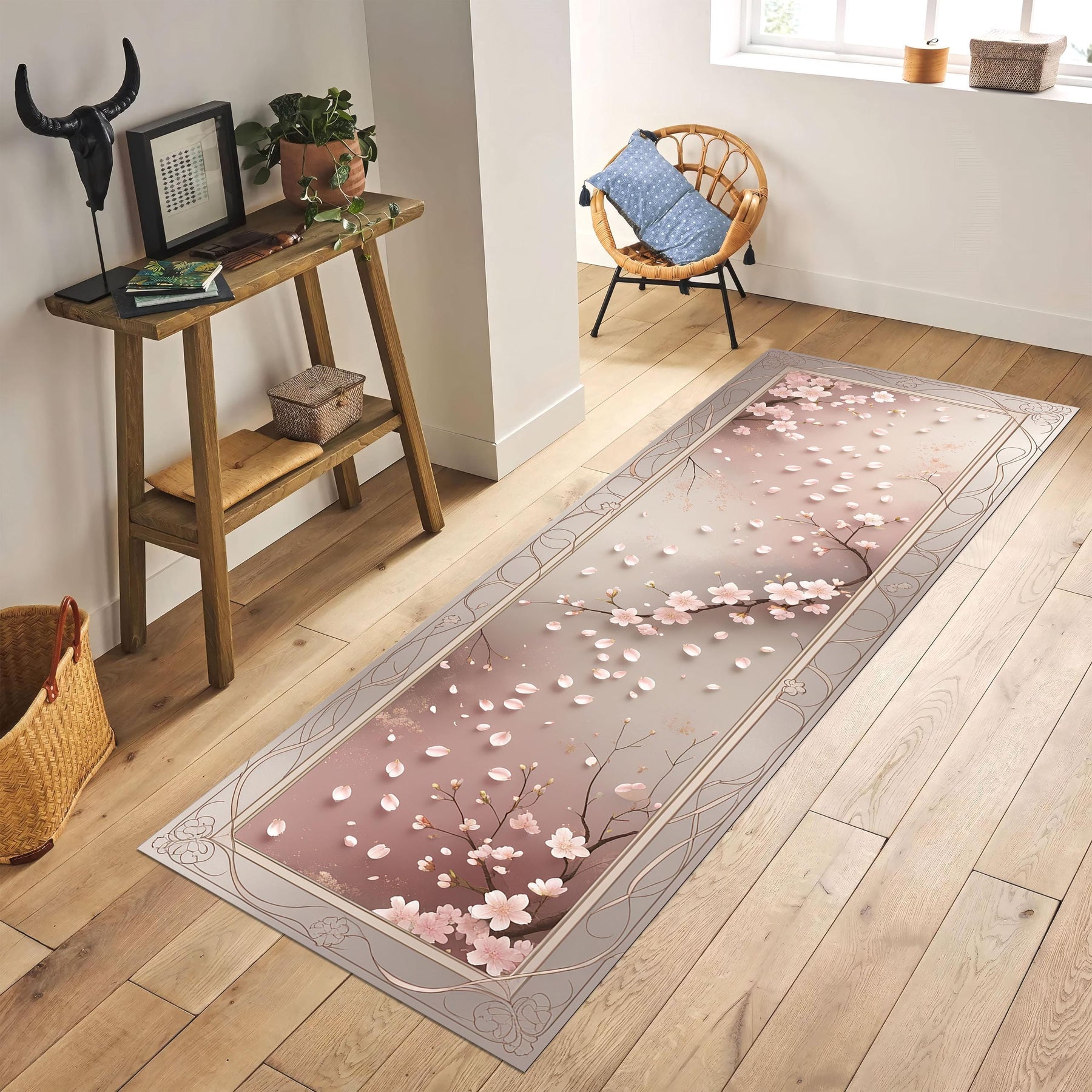 Elegant Sakura Runner Rug, Pastel Cherry Blossom Rug, Spring Hallway Carpet, Japandi Zen Floral Decor, Soft Pink Nature-Inspired Rug