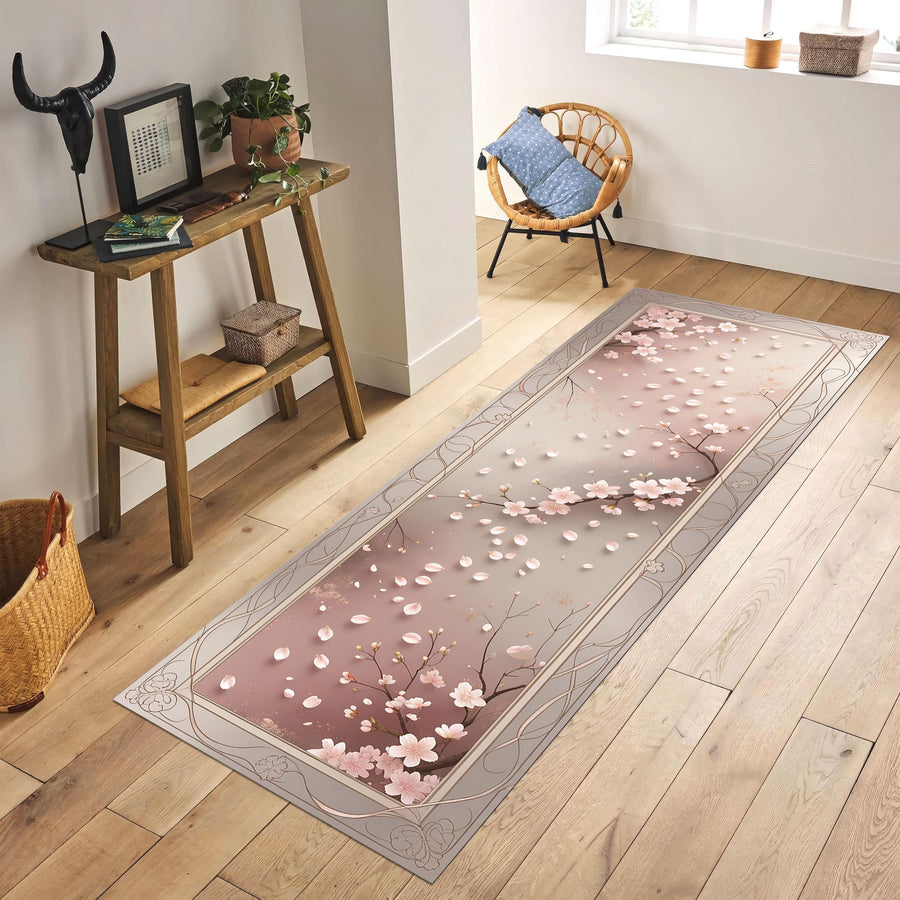 Elegant Sakura Runner Rug, Pastel Cherry Blossom Rug, Spring Hallway Carpet, Japandi Zen Floral Decor, Soft Pink Nature-Inspired Rug