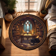 Round Book Lover Rug With Enchanted Library Scene, Cozy Reading Nook Carpet Featuring Bookshelves, Candles, Cat And Magical Study Decor