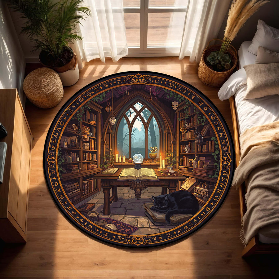 Round Book Lover Rug With Enchanted Library Scene, Cozy Reading Nook Carpet Featuring Bookshelves, Candles, Cat And Magical Study Decor