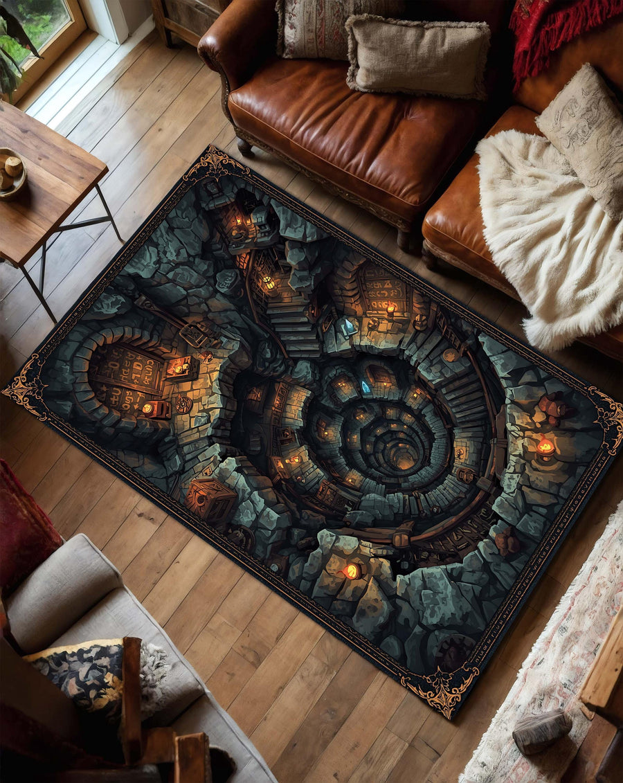 Dwarf Mine Fantasy Rug for Living Room, 3D Illusion Dungeon Carpet for Gamers, Geeky Dwarven Mine Home Decor with Medieval Adventure Style,