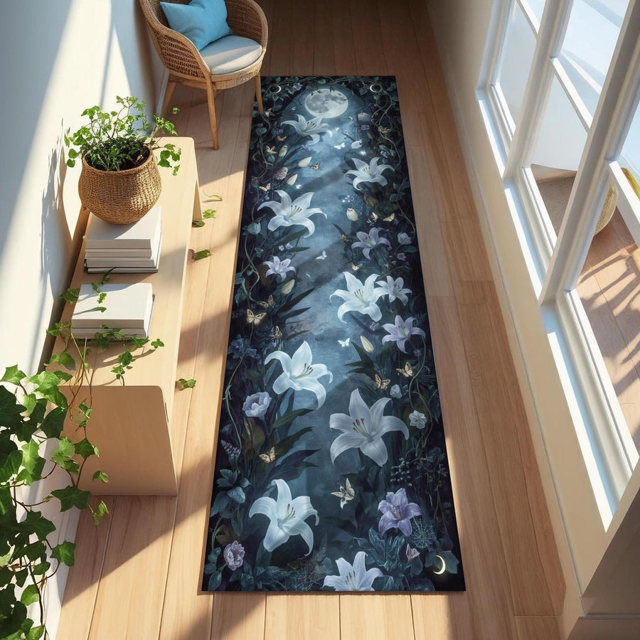 Fairycore Runner Rug with Glowing Lilies Under Moonlight | Mystical Night Garden Carpet | Dark Romantic Hallway Cottagecore Entryway Decor
