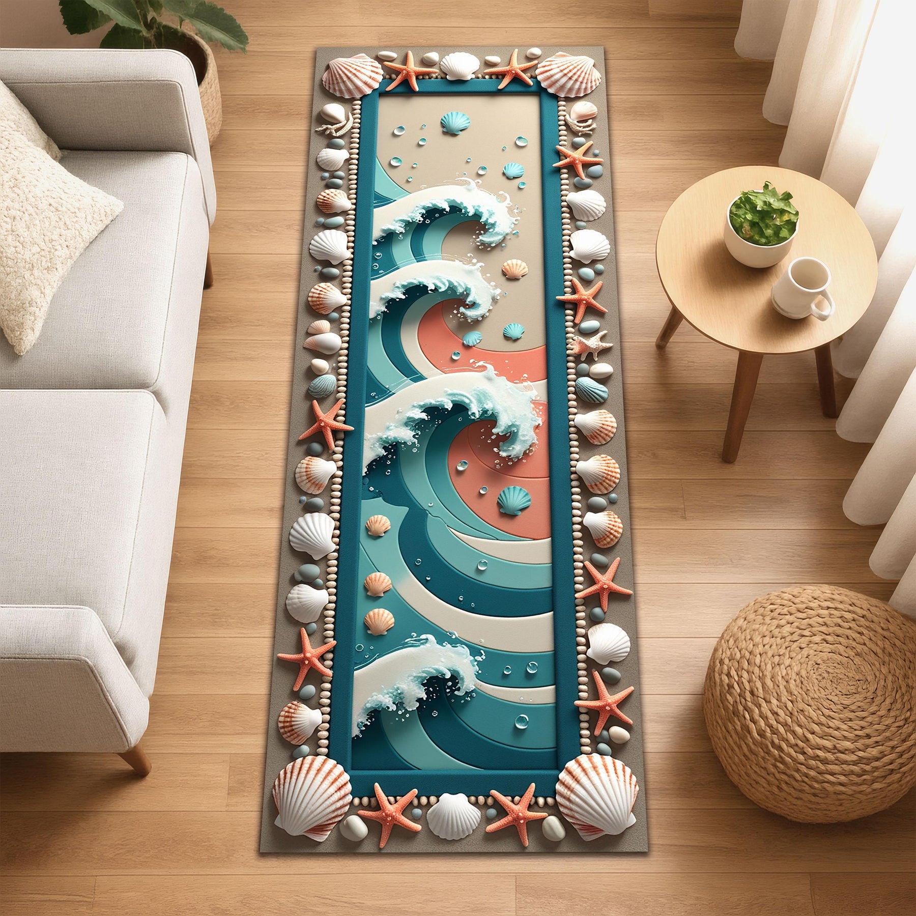 Ocean Wave Runner Rug, Coastal Beachcore Rug, Summer Seashell Hallway Carpet, Nautical Starfish Rug, Vibrant Sea Inspired Decor