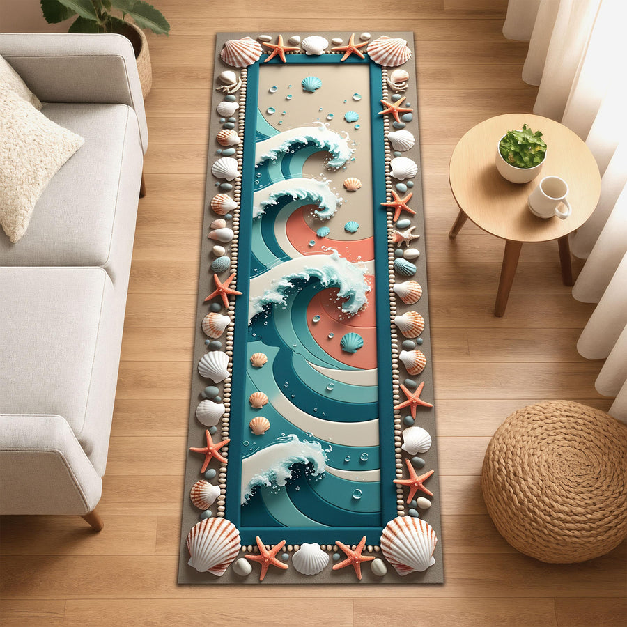 Ocean Wave Runner Rug, Coastal Beachcore Rug, Summer Seashell Hallway Carpet, Nautical Starfish Rug, Vibrant Sea Inspired Decor
