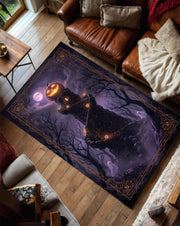 Halloween Haunted Tower Area Rug, Gothic Pumpkin Moon Carpet, Spooky Living Room Decor, Witchy Dark Forest Ghost Aesthetic Floor Mat