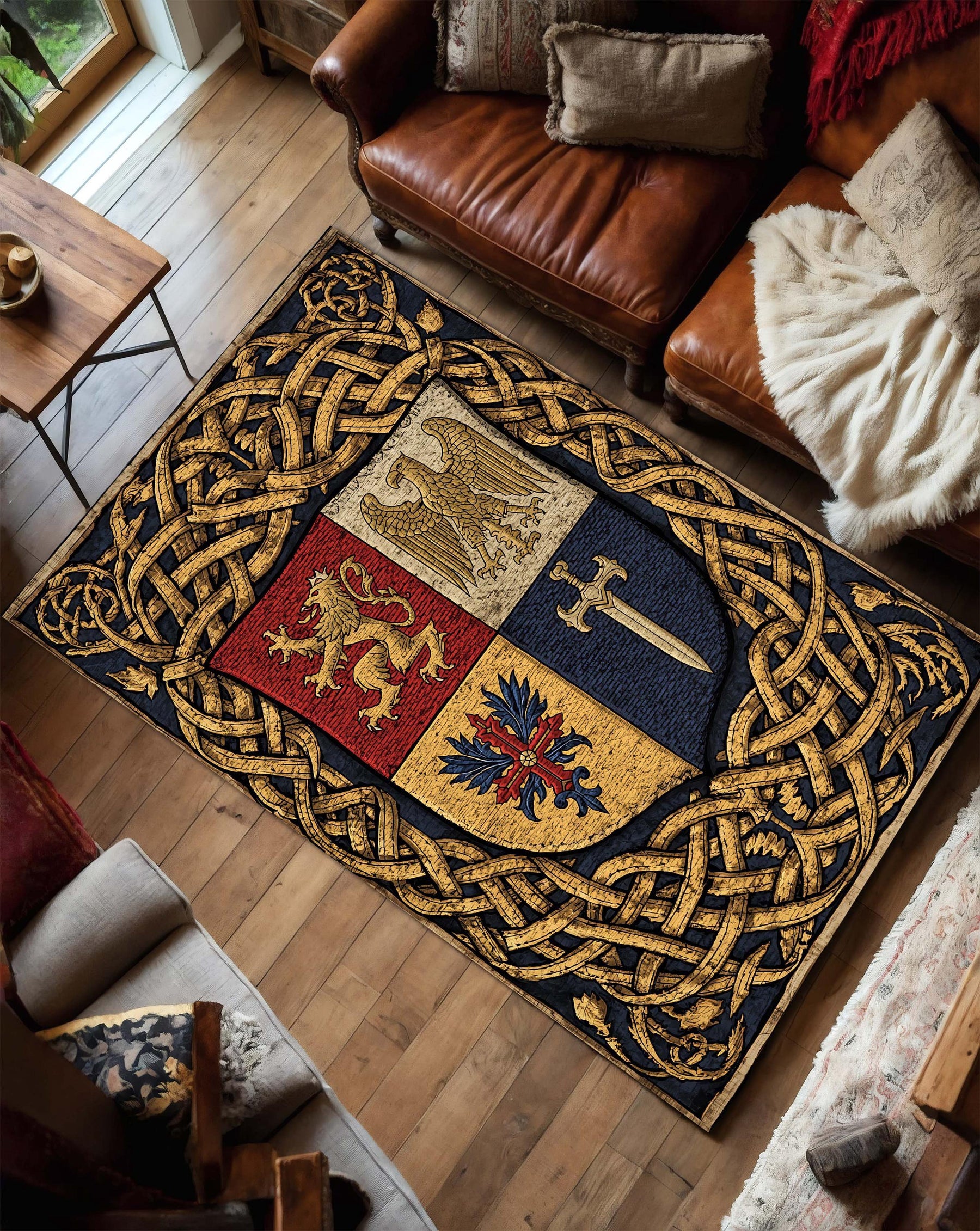 Medieval Heraldry Coat of Arms Rug with Lion Eagle Sword and Celtic Knot Border – Vintage Castlecore Medieval Tapestry Area Carpet Decor
