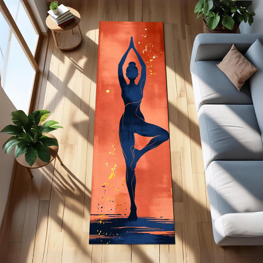 Yoga Pose Runner Rug, Abstract Woman Yoga Mat for Meditation, Modern Zen Fitness Carpet, Minimalist Home Workout Floor Decor for Yoga Spaces
