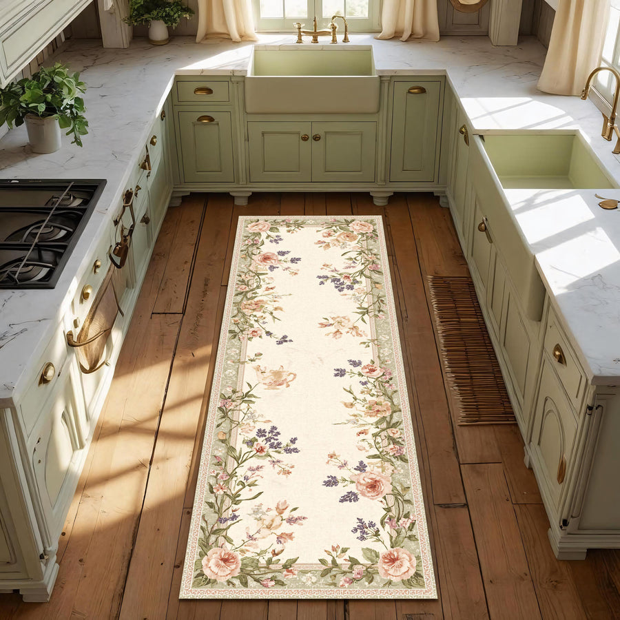 Romantic French Country Runner Rug for Hallway, Vintage Cottagecore Embroidered Look Mat, Pink Green Shabby Floral Decor