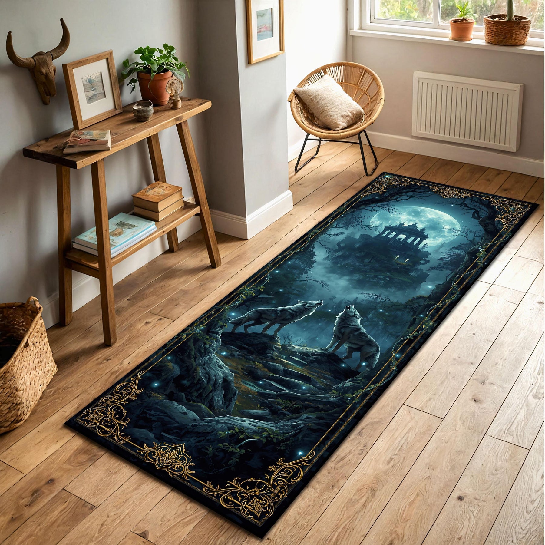 Moonlit Wolf Forest Runner Rug, Mystical Gothic Hallway Carpet with Fantasy Temple Night Art, Moon Area Rug for Entryway and Living Room