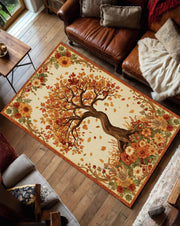 Autumn Tree Area Rug with Fall Leaves and Floral Border, Terracotta Seasonal Carpet for Living Room, Cozy Boho Rustic Floor Decor