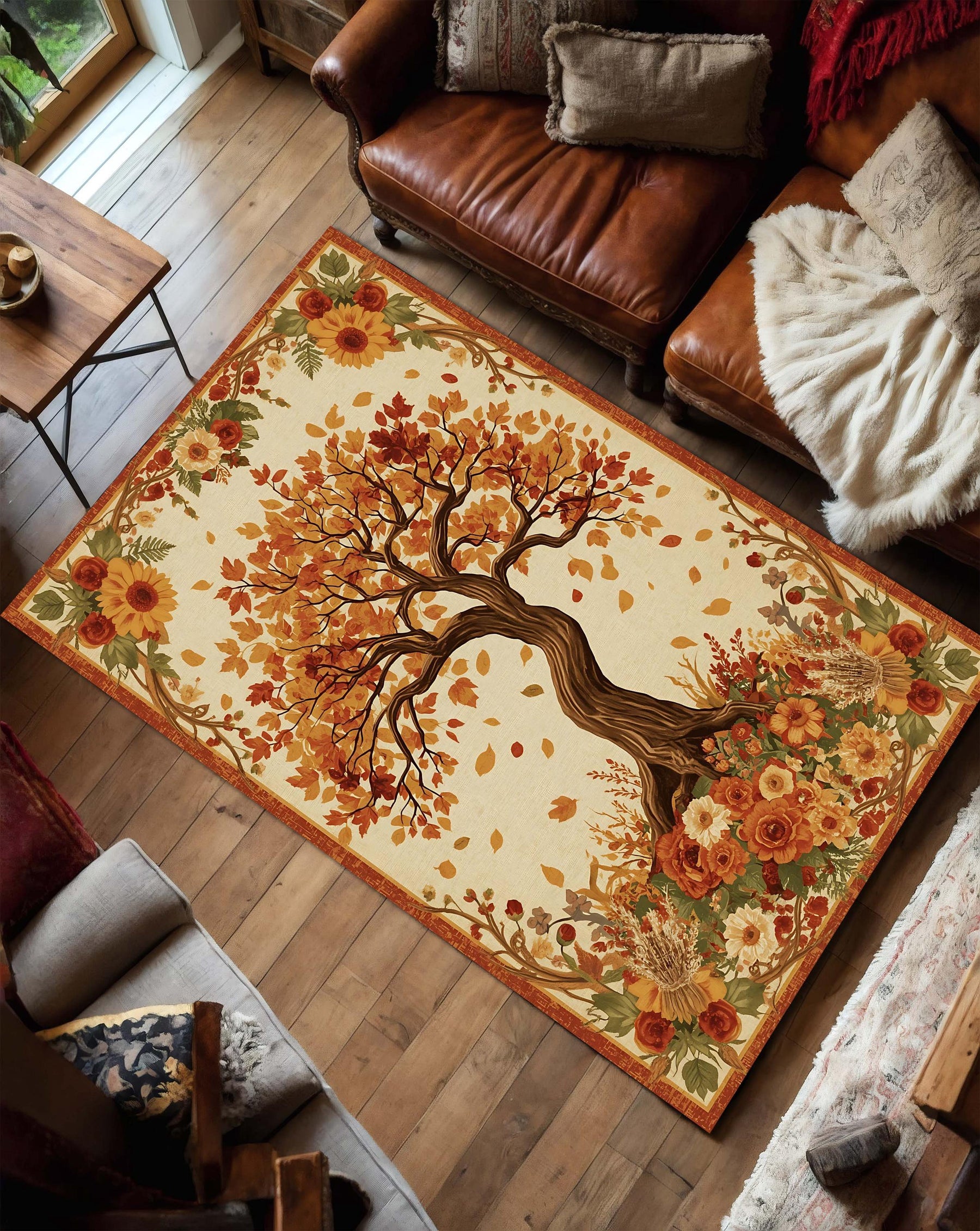 Autumn Tree Area Rug with Fall Leaves and Floral Border, Terracotta Seasonal Carpet for Living Room, Cozy Boho Rustic Floor Decor