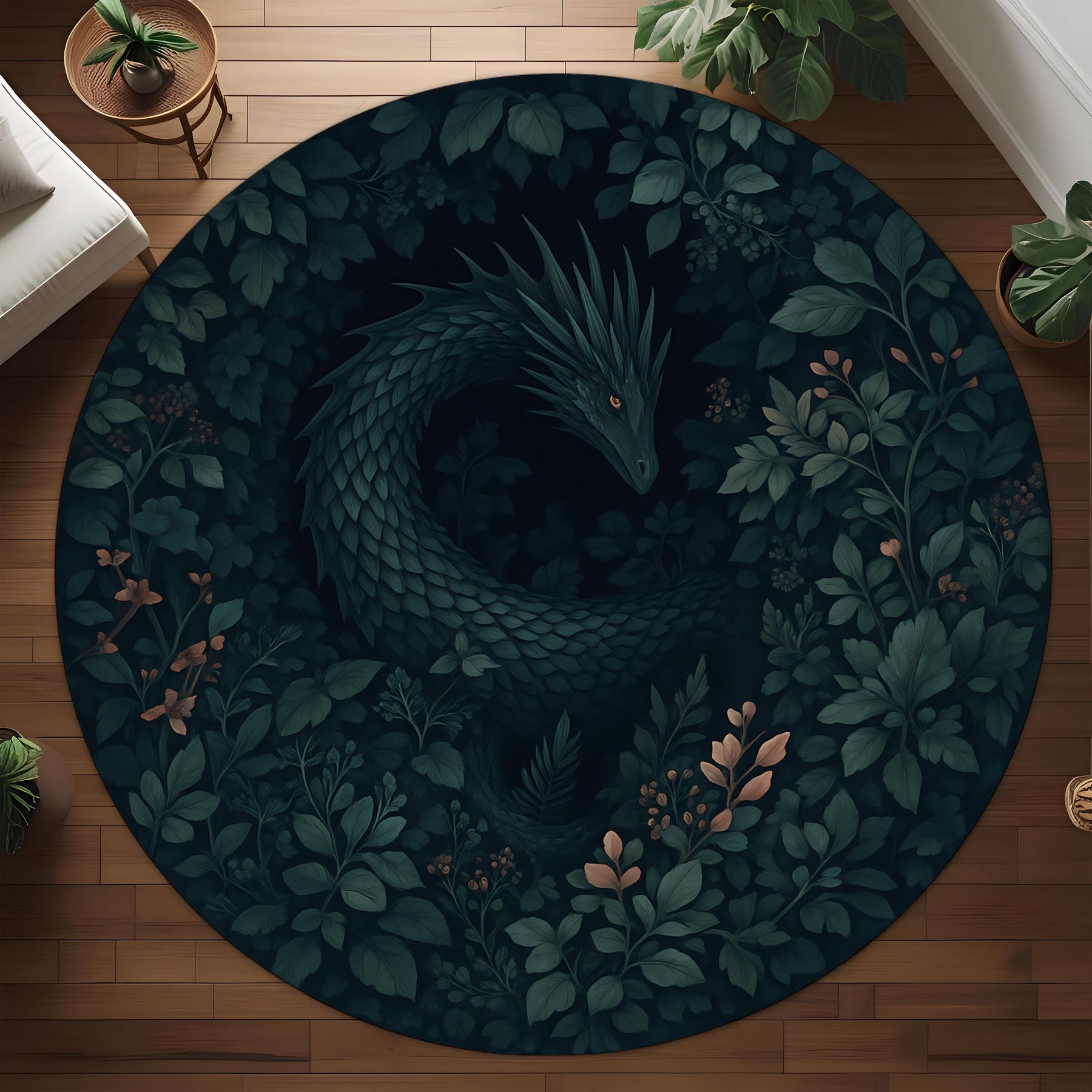 Forest Dragon Round Rug: Dark Botanical Fantasy Rug With Serpent Creature for Witchy Decor or Mystical Nature Inspired Interior
